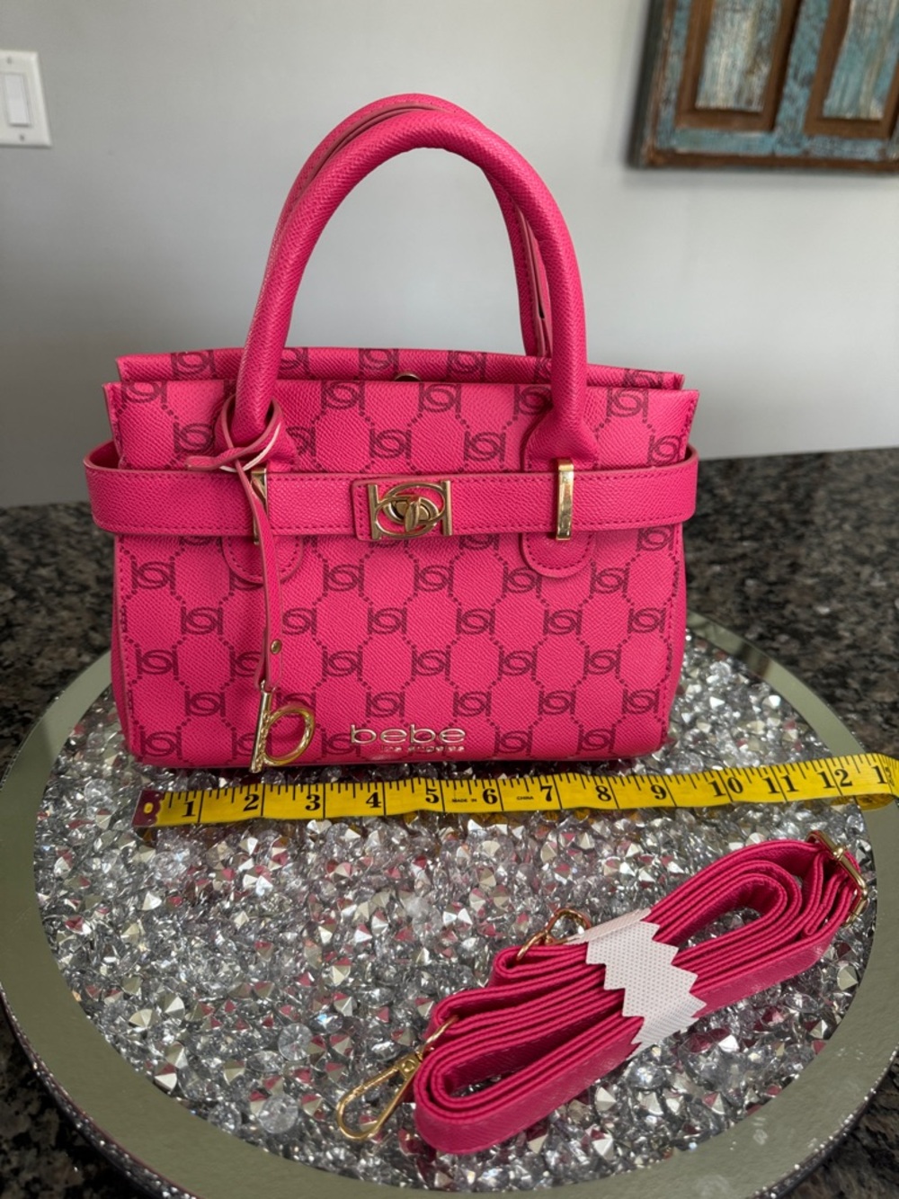 bebe Hot Pink Logo small Satchel with Gold-Tone Hardware and crossbody strap - Picture 10 of 16